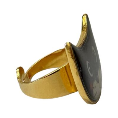 Modern vintage cat ring by Taratata. Fun cat ring made from upcycled gilt metal with enamel and additional recycled extras in this instance, the cats whiskers! Size P ~ P.5 / 8 with slight room for movement. Ring front measures 28mm by 20mm at ears. Photo of ring with cat facing to the right.