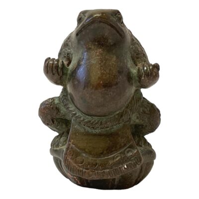Antique small bronze figure of a frog in sumo pose. Fabulously detailed small bronze of a frog clad in sumo 'Tsuna' (rope) garment and seen in a typical sumo pose. Has a slight wobble when standing so not quite a Yokozuna. Main photo of the frog seen from the front and at an eye level angle.