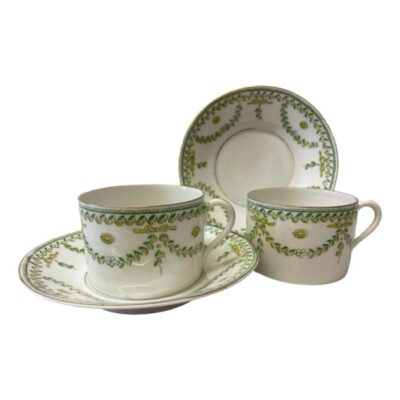Pair of antique Paris cups & saucers. Nice sized cups with matching saucers in lovely spring colours of yellow and green. In good condition for 19th century items with only minor gilt wear. Cup measures 72mm in diameter at base, 75mm across top and 54mm tall. Saucer measures 143mm in diameter and 25mm high. Main photo seen from a near eye level angle. One cup on the saucer to the left foreground while other cup is on surface slightly to the back and right with saucer displayed upright behind it.