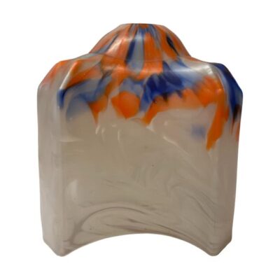 Coloured glass light shade from the 1930s. Vintage glass shade with a base background of white with orange and blue to the upper area. Nice aesthetic square shape with curves at the sides of the bottom edges. Photo of shade showing one of the flat sides from a very slight raised angle.