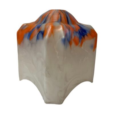 Coloured glass light shade from the 1930s. Vintage glass shade with a base background of white with orange and blue to the upper area. Nice aesthetic square shape with curves at the sides of the bottom edges. Main photo of the shade seen with one of the flat corners in the centre foreground and 2 flat sides either side.