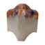 Coloured glass light shade from the 1930s. Vintage glass shade with a base background of white with orange and blue to the upper area. Nice aesthetic square shape with curves at the sides of the bottom edges. Main photo of the shade seen with one of the flat corners in the centre foreground and 2 flat sides either side.