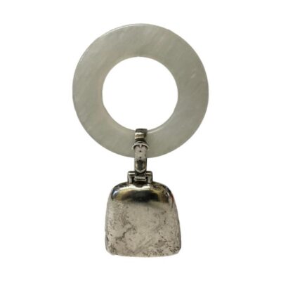 Vintage silver baby rattle and teething ring. A quality vintage piece with hallmarked sterling silver rattle attached to plastic teething ring with sterling silver buckle design link. Made by Webster. Hallmarked Sterling and maker initialled (WEB) to one side of rattle and to the pendant bail. Ring measures 44mm in diameter. Main photo of rattle shown upright with the teething ring also shown upright. Taken from the side where the buckle detail to the bail is visible.