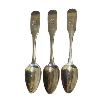 3 antique Irish sterling silver teaspoons. 3 silver teaspoons monogrammed with the letter B (or an R at a stretch!) All 3 spoons are identically hallmarked for Dublin assay c1805-1806 with makers mark JD. Bowl measures 50mm long and 30mm at widest. Photo of all 3 spoons displayed side by side with the bowl ends below and handles to the top.