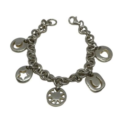 Vintage Tiffany & Co charm bracelet in sterling silver. Heavy charm bracelet by Tiffany & Co with sun, moon, star, heart and horseshoe charms. Tiffany & Co stamp on heart charm only and hallmarked 925 to the clasp. Charms measure approximately 20mm drop length and 15mm wide. Weight 40gms. Main photo of bracelet displayed on a flat surface in a horseshoe shape with clasp undone and to the top and the charms laid out along the bottom curve.