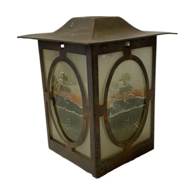 Oriental lantern style light shade c1920s. Orient inspired Art Deco light shade in glass and metal. The panels are of frosted glass with identical coloured image to the central area of a rural scene at sunset. There are some very minor signs of wear consistent with age. The gap for light at top of shade is 30mm in diameter. The top widest area of shade is 130mm square. Main photo showing shade with 2 of the 4 panels on show. The shade is square so the 2 panels are shown in angles to the left and right with a metal corner divider.