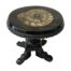 Victorian jet and ammonite table. Antique carved Whitby jet miniature table inlaid with a fine ammonite specimen to the table top. Amazing carved detailing to the jet. The table appears to have had a few repairs during its long life and stands slightly on the skew - this does not detract from the fine quality of this piece. Table top measures 72mm by 62mm, the base measures 50mm by 45mm. Main photo of table seen looking diagonally down at the ammonite in the table top. The table legs are visible below.