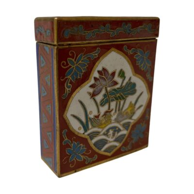 Small vintage cloisonné box. Very sweet vintage cloisonné box most likely to have been used for storing matches and keeping them dry. Beautiful enamel work with a duplicate image of a male and female duck underneath a lotus blossom on both sides. In very good condition. Main photo of box set at a slightly diagonal angle so one picture side and one width side is on show. The picture side is facing towards bottom right of photo.