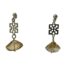 Silver earrings with champagne quartz crystal. An attractive pair of Art Deco style earrings set with an Oriental look silver panel and a generous sized champagne coloured quartz crystal. The earrings are unmarked except for the butterfly fasteners but have been tested as sterling silver. Drop length 55mm and quartz width approximately 27mm. Weight 15.5 grams. Main photo showing both earrings hanging from a clear display stand and seen as they would be worn.