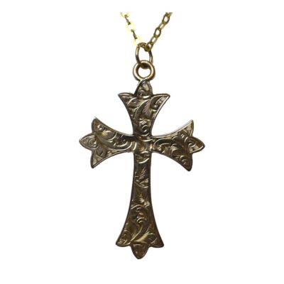 Victorian 9 karat gold cross and chain. Very ornate Victorian 9 karat gold cross engraved with foliate and scrollwork. 9ct hallmark to the back with worn makers initials. Slight dip on the top beam at the back. The cross measures 38mm long and 22mm wide. The chain is hallmarked 9 to the clasp. Close up photo of the cross only showing the ornate design and foliate engraving.
