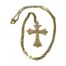 Victorian 9 karat gold cross and chain. Very ornate Victorian 9 karat gold cross engraved with foliate and scrollwork. 9ct hallmark to the back with worn makers initials. Slight dip on the top beam at the back. The cross measures 38mm long and 22mm wide. The chain is hallmarked 9 to the clasp. Main photo of the cross laid on a flat surface with the chain swirled around it.