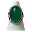 Silver ring set with a chrysoprase cabochon. Beautiful large chrysoprase cabochon set in silver with Celtic inspired rope work to the shoulders. Stone measures 20mm by 12mm. Ring size L / 5.75. Main photo of ring displayed ona cone shaped stand and seen with ring front forward facing.
