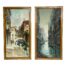 Pair of Venice oils on canvas. Vintage oils by Corrado Padovani depicting 2 varying aspects of Venice life. One with a sunny bright scene and a small group of people by a small arched foot bridge and the other a misty canal scene of a gondolier. Both absolutely stunning and life like. Very hard to look away from! Main photo of both oils shown side by side with the sunny scene on the left and misty canal scene to the right. The oils have identical wooden frames. The contrast in colours is incredible. One is bright and sunny, other is grey and misty but both oils are absolutely stunning with incredible detail.