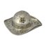 Antique pill box in the form of a tricorn hat. Late Victorian novelty sterling silver pill box shaped as a three-sided hat with a floral design to the top. The opening is on the underside where the lid is decorated with birds and a cherub tending to flowers. There are several hallmarks including London assay c1897 importer David Bridges along with German Hanau hallmarks. Main photo of hat seen from a slightly raised side angle showing the true tricorn shape of the hat. The front tip of the hat is to the right.