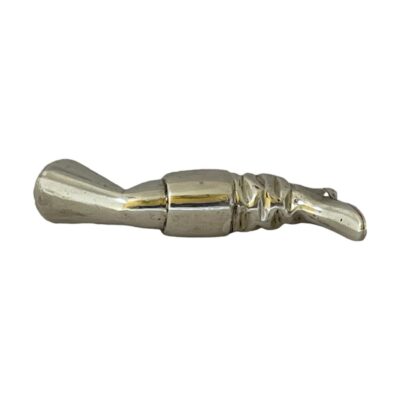 Vintage sterling silver booted leg shaped pipe tamper. A solid sterling silver novelty pipe tamper in the form of a highway mans boot wearing leg! Assumed to be a copy of an earlier Georgian example. Hallmarked for London assay c1981. 28grams. Photo of leg tamper laid on its side with the boot end on the right. The leg /boot is forward facing.