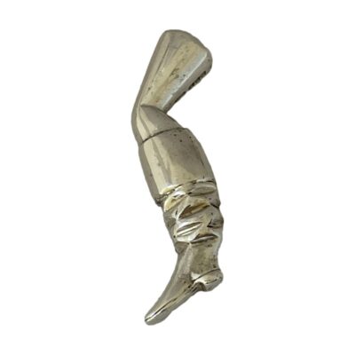 Vintage sterling silver booted leg shaped pipe tamper. A solid sterling silver novelty pipe tamper in the form of a highway mans boot wearing leg! Assumed to be a copy of an earlier Georgian example. Hallmarked for London assay c1981. 28grams. Main photo of leg tamper shown vertically laid with the boot end in the centre bottom of the photo. The leg is bent at the knee and the top of the boot provides a natural grip handle when tampering the pipe. The boot is very realistic with ruched areas above the heel area.