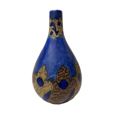 Vintage vase by Chameleon Ware. A fine bulbous Chameleon Ware vase in a cobalt blue with muted red & orange c1930s. Measures 85mm in diameter at base, 125mm at widest and mouth opening is 25mm. Main photo of vase from an eye level showing the muted orange and red design decoration around the base area and the paler muted orange around the neck. The vase has a shape like a water droplet.