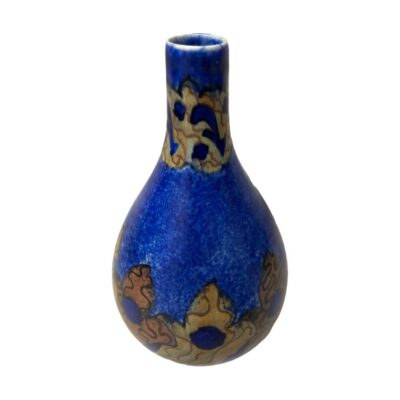 Vintage vase by Chameleon Ware. A fine bulbous Chameleon Ware vase in a cobalt blue with muted red & orange c1930s. Measures 85mm in diameter at base, 125mm at widest and mouth opening is 25mm. Photo of vase from a different side and from a very slightly raised angle just peeking at the mouth.