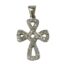 9 karat white gold cross with diamonds. Modern stylised cross in 9 karat white gold with small round cut diamonds throughout. Full hallmark to the back of pendant bail. Drop length 30mm, widest at 18mm. Main photo of the cross pendant seen looking straight on from the front with bail at the top. The cross is in a stylised form - imagine a single piece of twine looped at the 4 points making a gap and a gap in the centre. Like an eternal knot or figure of 8 but in a cross shape.