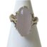 Vintage 9 karat gold ring with rose quartz cabochon. The pale pink of the quartz and gold setting compliment each other beautifully. c1967 Birmingham assayed. Ring size J / 4.75 Ring weight 3.9grams. Main photo of ring displayed on a cone shaped stand and seen with ring front forward facing.