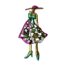 Modern brooch/pendant of a vogue lady. Fun brooch of a fashionable lady dressed in a vogue style. Main colours of attire in turquoise green and magenta pink strikingly set against a gilt metal body. The skirt of the dress is made up of different shaped glass stones which have colours complimenting the 3 main colours of the brooch. Main photo of brooch in its entirety> The vogue lady is standing upright with a magenta pink wide brimmed hat on, her face, neck, shoulders and arm (only one showing) are in gilt metal a large turquoise green bow covers her breast area followed by a knee length A line skirt with 2 magenta pink panels and one silvery white. These panels are adorned with different coloured glass stones. Her legs are also gilt metal in colour and her shoes with heels one pointing out to the side and other pointing forward are in turquoise green. It is a rather fabulous piece of statement jewellery.