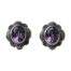 Vintage clip-on earrings with amethyst. Sterling silver clip-on earrings with a good sized oval cut amethyst stone to the centre with marcasite surround. Hallmarked 925 for sterling silver to the back. Both clips in good working order. Earrings measure 20mm long by 16mm wide. Amethyst measures 10mm by 8mm. Main photo of earrings seen with the front forward facing. The oval amethysts are vertical with the marcasite frame arranged in a wavy flower like pattern around it.