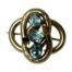 Victorian brooch with faux aquamarine. A striking Victorian pinchbeck brooch set with 3 pale blue oval cut faux aquamarines. Lovely metal working of the brooch frame in an intertwined figure of eight like pattern. Main photo of brooch seen from the front. The 3 faux aquamarine stones are set vertically with top and bottom stones vertical and centre larger stone horizontal.