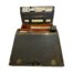 Antique writing slope with stationery box from early Edwardian era. c1901-1904 leather bound mahogany wood writing slope including a leather bound ink bottle with clasp in excellent working order. There are several pieces of personalised stationery inside along with a page turner, ink pens and quills. The writing slope is on opposing side of the stationery and within the slope compartment, there is a leather bound blotter pad. The underside of the slope has a criss-cross of perishing elastic which would have been used to hold letters or documents. There is a laminated full detailed information about the item inside along with a history of the Bramah Lock Company. A truly wonderful historic piece with many stories to tell! Large heavy item - for collection from shop only. Main photo showing the box fully open and from the front with the slope in the foreground and stationery box to the back.