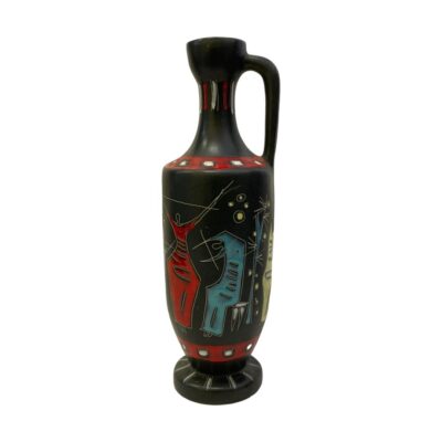 Retro jug by Gianni Tosin. Striking Etruria Arte ceramic vase by Gianni Tosin, Italy c1960s. Main body in matt black with figures in gloss red, blue and yellow and a fine horse in white. The scene is open to interpretation. We interpret it as a scene of love, music & sunshine. Single handle to the top. Measures 77mm in diameter and 46mm at top. Main photo of vase with the handle shown on the top right. The image visible is a figure in blue appearing to be playing a violin seated and half of a figure in red with arms outstretched.