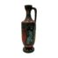 Retro jug by Gianni Tosin. Striking Etruria Arte ceramic vase by Gianni Tosin, Italy c1960s. Main body in matt black with figures in gloss red, blue and yellow and a fine horse in white. The scene is open to interpretation. We interpret it as a scene of love, music & sunshine. Single handle to the top. Measures 77mm in diameter and 46mm at top. Main photo of vase with the handle shown on the top right. The image visible is a figure in blue appearing to be playing a violin seated and half of a figure in red with arms outstretched.
