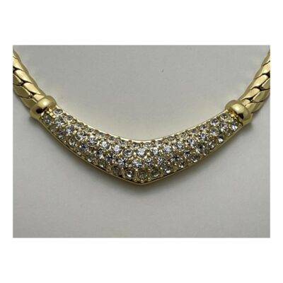 Vintage Dior collar necklace with crystals. 1980s gold plated thick snake chain necklace with a crystal encrusted front by Christian Dior. Signed to the clasp and back of the crystals. In excellent condition. Slightly adjustable in length from 360mm to 400mm. Close up photo of the crystal area.