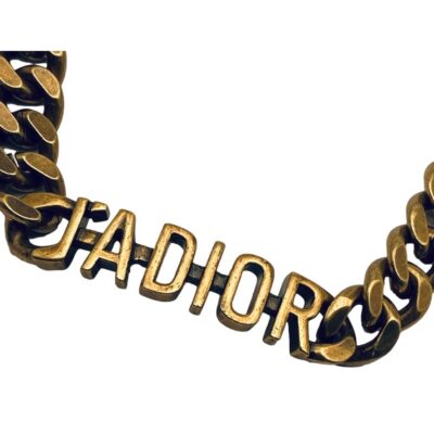 Dior J'Adior necklace. Antiqued chunky bronze choker/collar necklace with 'J'ADIOR' to the front by Christian Dior. Slightly adjustable from 365mm to 445mm and approximately 10mm wide. Close up photo of the J'ADIOR