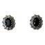 9 karat gold stud earrings with sapphire and diamonds. Pretty pair of 9 karat gold stud earrings with an oval cut sapphire to the centre framed by 12 small round cut diamonds. Hallmarked to the earring posts and butterfly fasteners. Earring front measure 10mm by 8mm. Main photo of earrings seen side by side with a gap in between with the fronts forward facing. The sapphire is a lovely dark blue which is accentuated by the sparkly diamond frame.