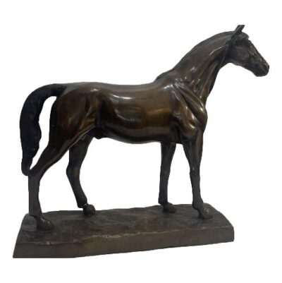 A modern bronze horse sculpture. A fine quality modern bronze of a horse in standing pose with very realistic features including a glossy coat. The base measures 340mm by 129mm at widest. The horse is 405mm long from the nostril to outer edge of tail, 100mm at widest and 380mm at tallest to the tip of the ears. Collect from store only. Main photo of horse seen from a side ways angle. The head is to the right. Very handsome horse with a striking posture.