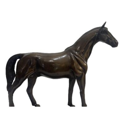 A modern bronze horse sculpture. A fine quality modern bronze of a horse in standing pose with very realistic features including a glossy coat. The base measures 340mm by 129mm at widest. The horse is 405mm long from the nostril to outer edge of tail, 100mm at widest and 380mm at tallest to the tip of the ears. Collect from store only. Photo of horse only without the base. Seen from an eye level with the horse facing right.
