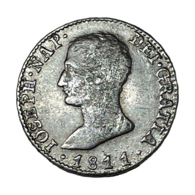 Jose Napoleon 4 reales coin c1811. Antique silver 4 reales coin with image of Jose Napoleon and dated c1811 and minted in Madrid. Measures 26mm in diameter. Protective plastic coin case included. Main photo of coin showing side with Jose Napoleons head.