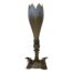 Victorian vase in 2 sections. Very elegant Victorian vase with a detachable opaque glass top and bronzed silver plate base. The opaque glass top, shaped like a crocus flower, is in a pale blue grey with the top rim and indents to the side in gilt. The bronzed silver plate base has 3 feet and is decorated with birds at the end of the scrolls. Glass area of vase measures 265mm tall including the part that slots into base and 80mm in diameter across the top. The base is 180mm tall feet are 132mm apart. Main photo of vase seen from an eye level with 2 of the 3 tripod feet in foreground to left and right and the dip section of glass top visible. (The glass top has a jagged mountain range like edge which goes up and down all round with the gilt decoration matching)