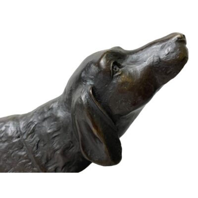 Signed bronze dog on marble base. A fabulous bronze of a setter dog in a sweet pose set on a black marble base. Signed Milo to the bronze base with a bronze guarantee disc attached on opposing side to signature. Dog measures 260mm from tip of nose to tail and 190mm tall. The marble base measures 245mm long, 125mm wide and 20mm high. Collect from store only. Close up photo of the dogs face and the fine attention to detail.