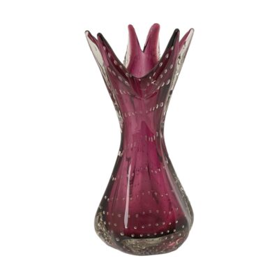 Main photo of vase seen from an eye level. The vase has an egg timer like shape with uneven rim of 3 peaks each of which have a split making it look like fingers. This photo shows 2 of the 3 peaks to the left and right with the U shaped dip between the 2 peaks in the foreground.