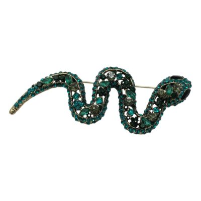 Photo of brooch seen lengthways across with snakes head to the right and tail to the left. The brooch can be worn at any angle.