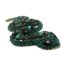 Main photo of brooch seen with snakes head in the bottom right foreground and the end of tail in the top left background. The different green and blue coloured crystals and varying shapes is clear,