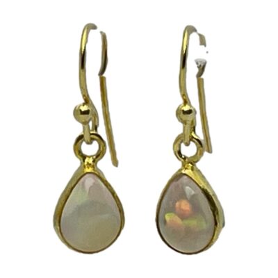 Photo of earrings shown hanging on an unseen display stand and forward facing. Subtle flashes of colours can be seen on the teardrop shaped opals. A small part of the hooks are missing - this is from the display stand not part of the earrings.