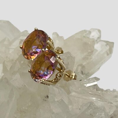 Photo of earrings displayed on a cluster of quartz crystal with earring fronts facing left. The colour seems paler in this photo as the stones are facing the light directly.