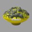 Main photo of vase seen from an almost eye level showing the side with the original Otto Keramik sticker. The vase is a bright lemon yellow base with grey/black lava applied to the top half of the UFO.