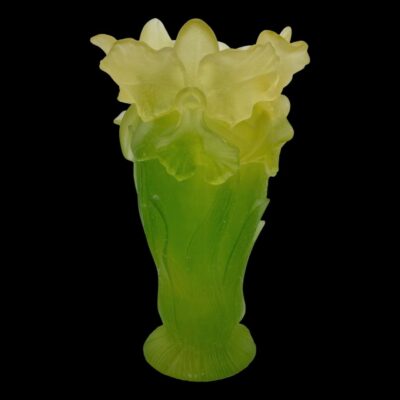 Main photo of vase with one of the flower heads on display at the top centre. The vase graduates in colour with a vibrant bright green at the bottom changing to yellow at the flower heads.