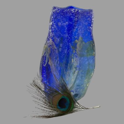 Main photo of vase seen from an eye level with one corner in the foreground and 2 sides on display. There is a single peacock feather at the front which pales in comparison to the beautiful cobalt blue of the vase.