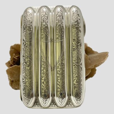 Main photo of cigar case shown closed and displayed upright against a rock of dessert sand rose. The shield cartouche side is on display.