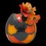Main photo of vase seen from the patchwork colour side. The background colour is black with blue and a handful of patches in light and dark orange spaced out mostly around the outer edge. The patches are not uniform in size. There is a small posy of poppies in red and orange inside and to the right of the vase - their colours are almost a perfect match for the orange patches on the vase. The vase is set against a black background.