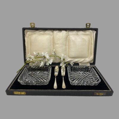 Main photo showing the case open with all pieces displayed in their fitted compartments. The butter dishes sit in a shallow dip on the left and right while the knives sit under elastic to the centre. The lid is upright with the silk interior showing and there is a sprig of white orchids across the centre.