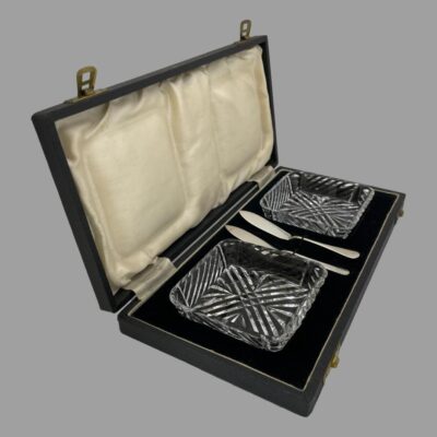 Photo of the set shown still displayed in their places inside the case and seen with one side of the case in the foreground. The lid is open and interior is facing right of photo.